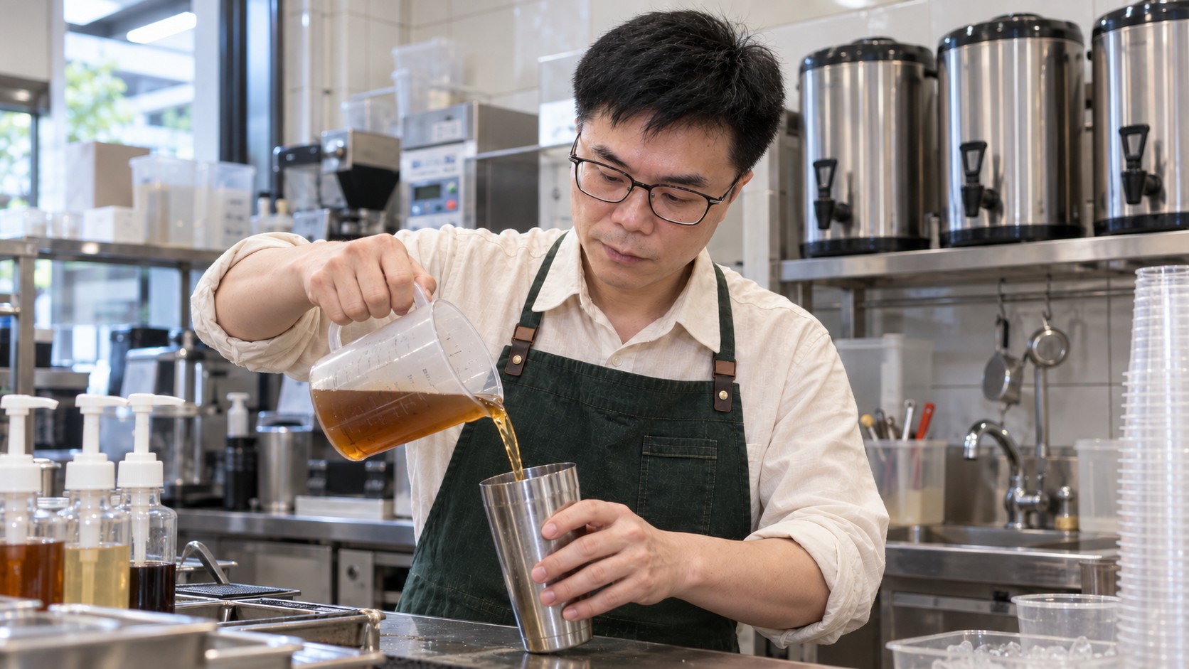 茶鄰客茶飲專家 Jacky 在飲料店後廚調製茶飲的 AI 情境形象圖